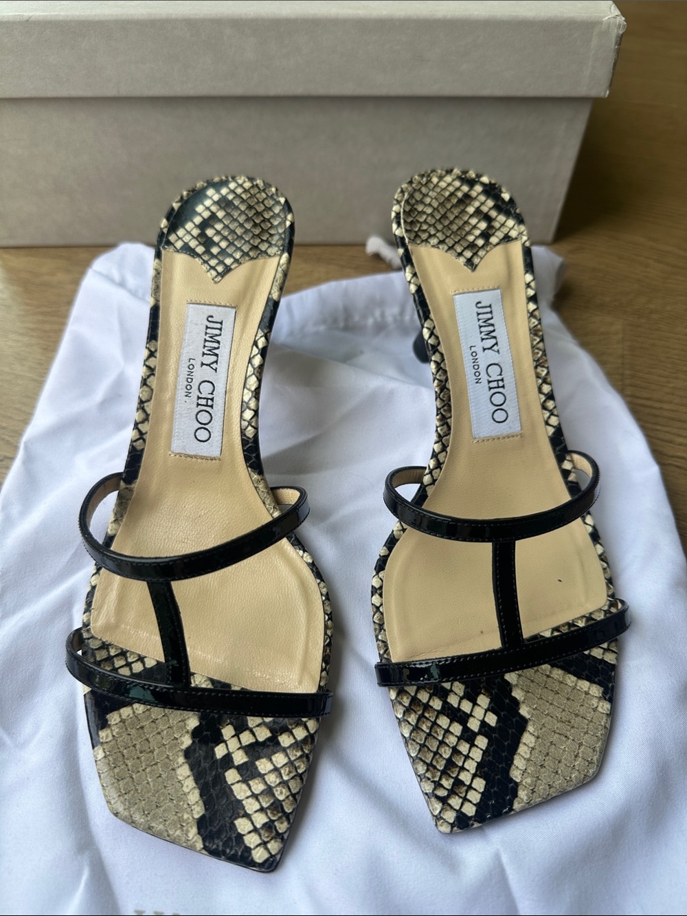 Jimmy Choo Black and Beige Snakeskin Strappy Slide Heels